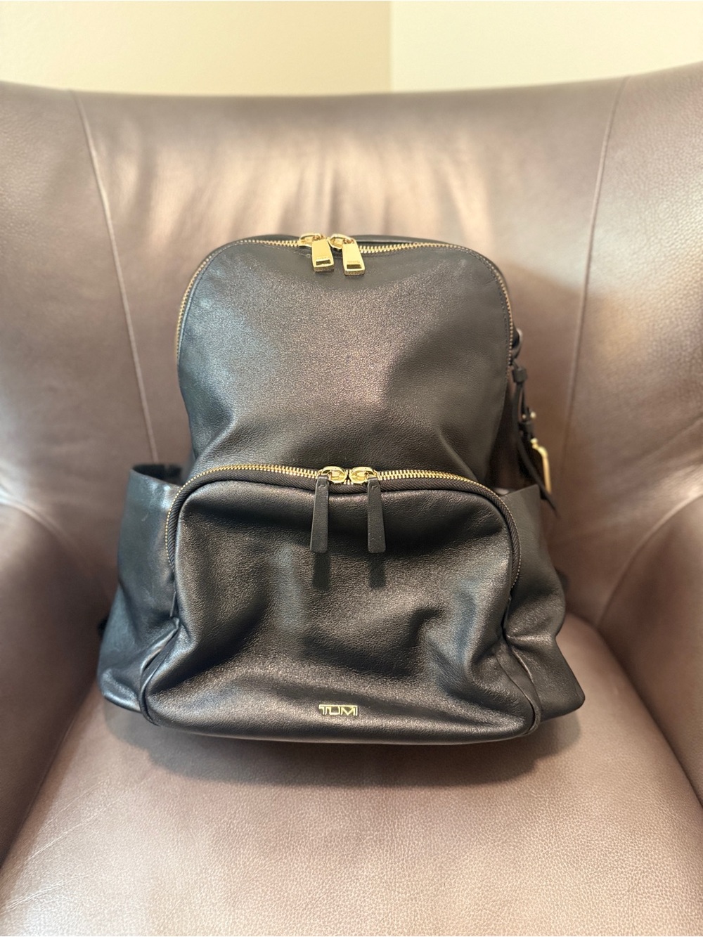 Tumi Black Leather Backpack with Gold Accents